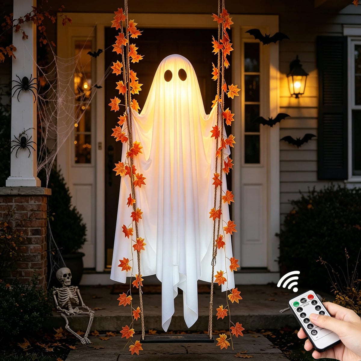 JooyDeepot front view swinging ghost glowing, creates striking porch focal point