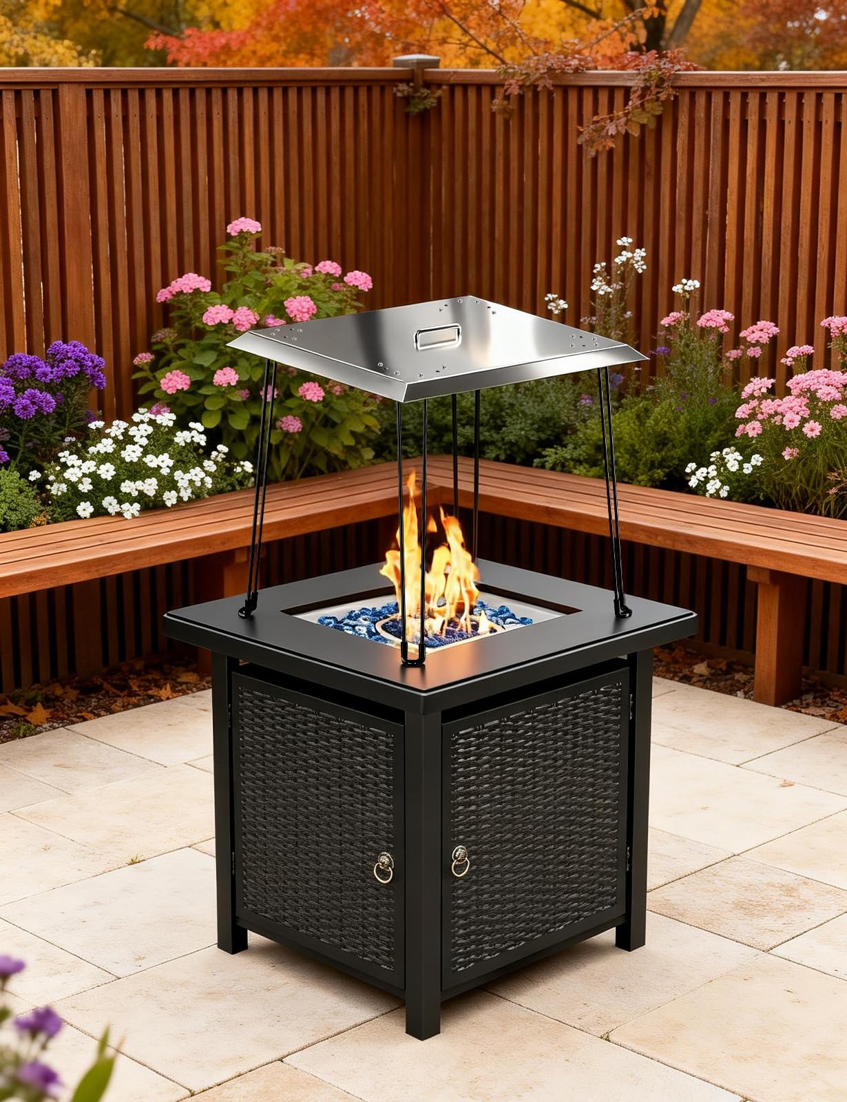 joqepy deflector in use over backyard fire pit spreading warmth to guests