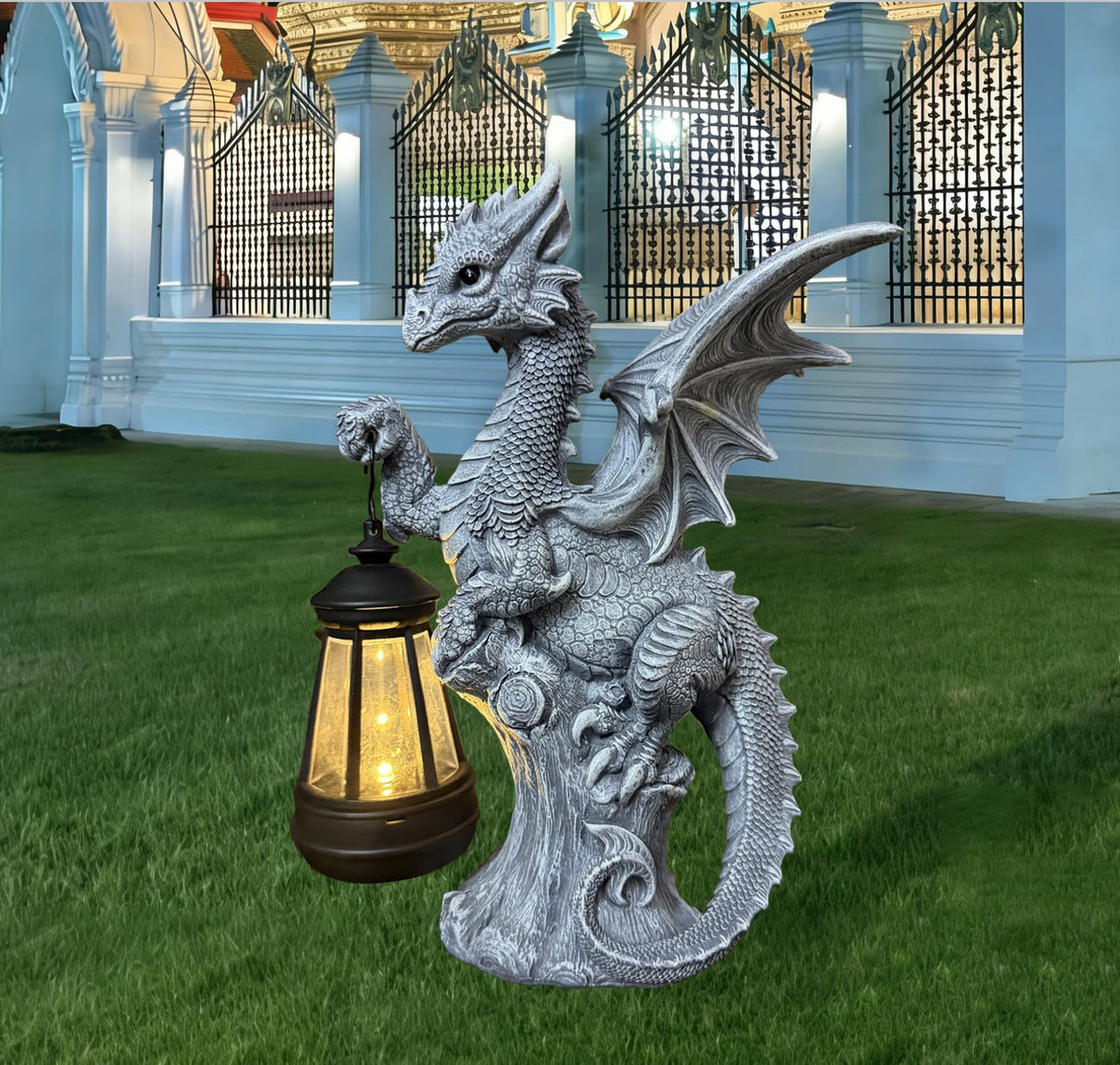 JORAE dragon statue front view showing lantern and lifelike detail for curb appeal
