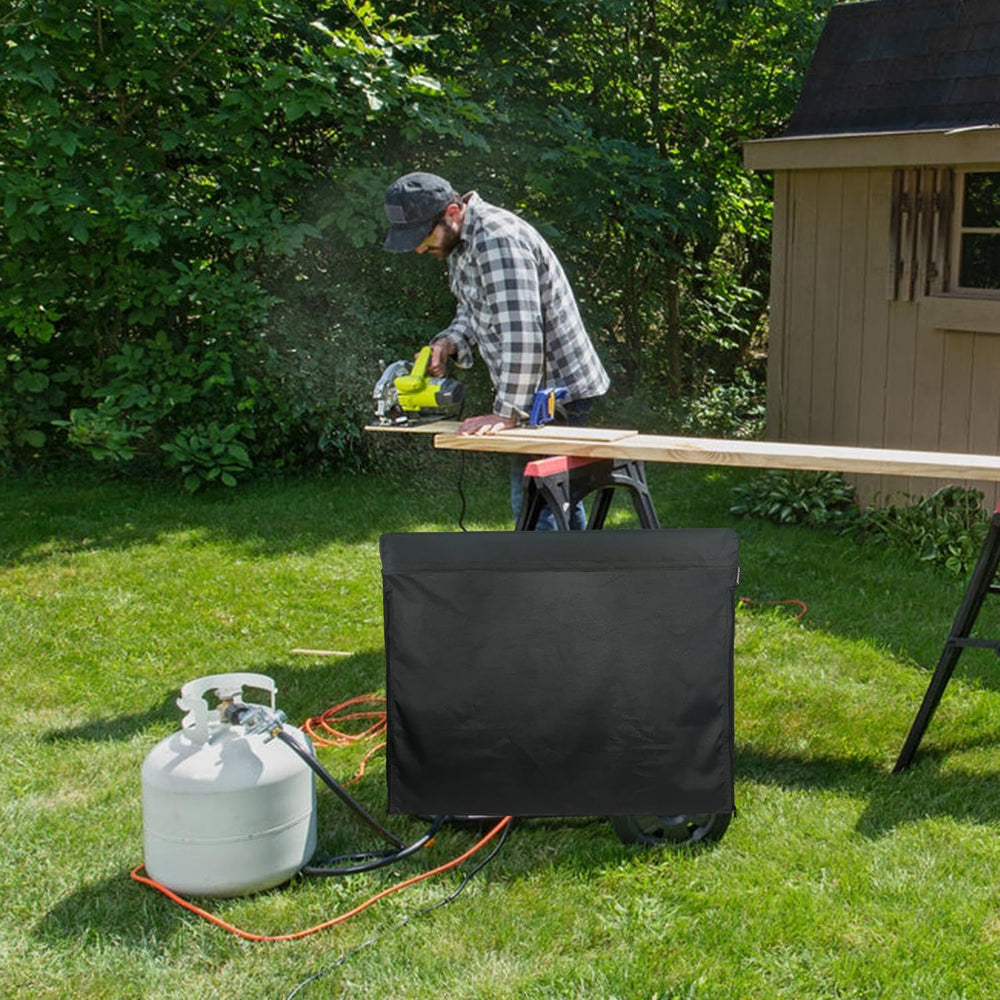 Jorohiker in outdoor storm setting protecting generator from rain and snow