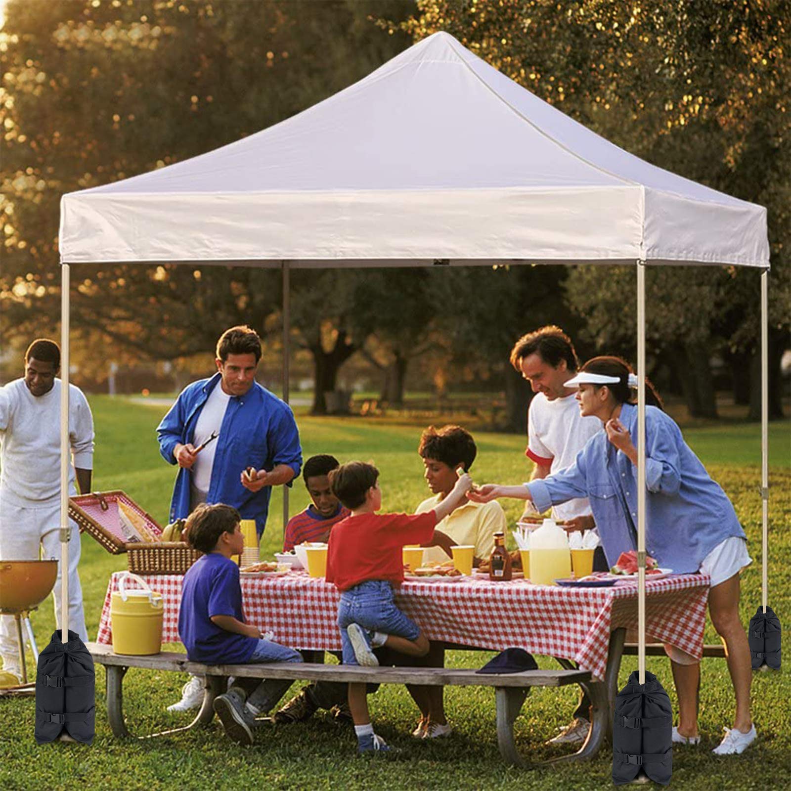 Jorohiker weight bags securing vendor canopy at outdoor market showing reliable anchoring benefit