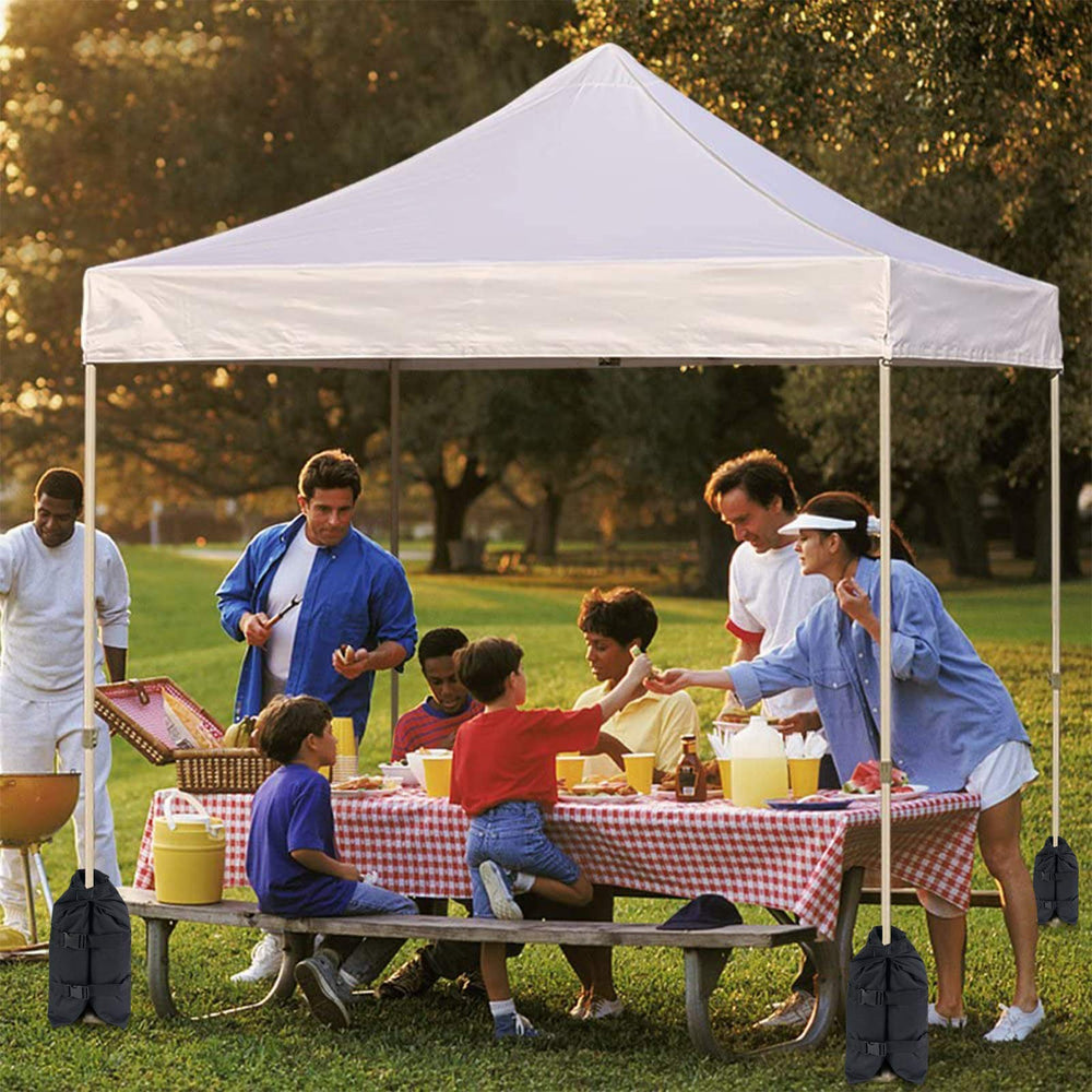 Jorohiker weight bags securing vendor canopy at outdoor market showing reliable anchoring benefit