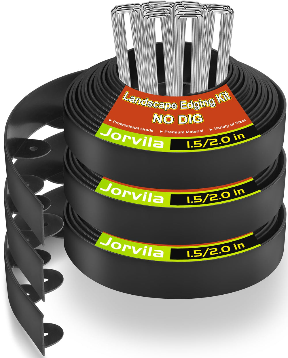 Jorvila front packaging showing three rolls and included spikes for quick setup