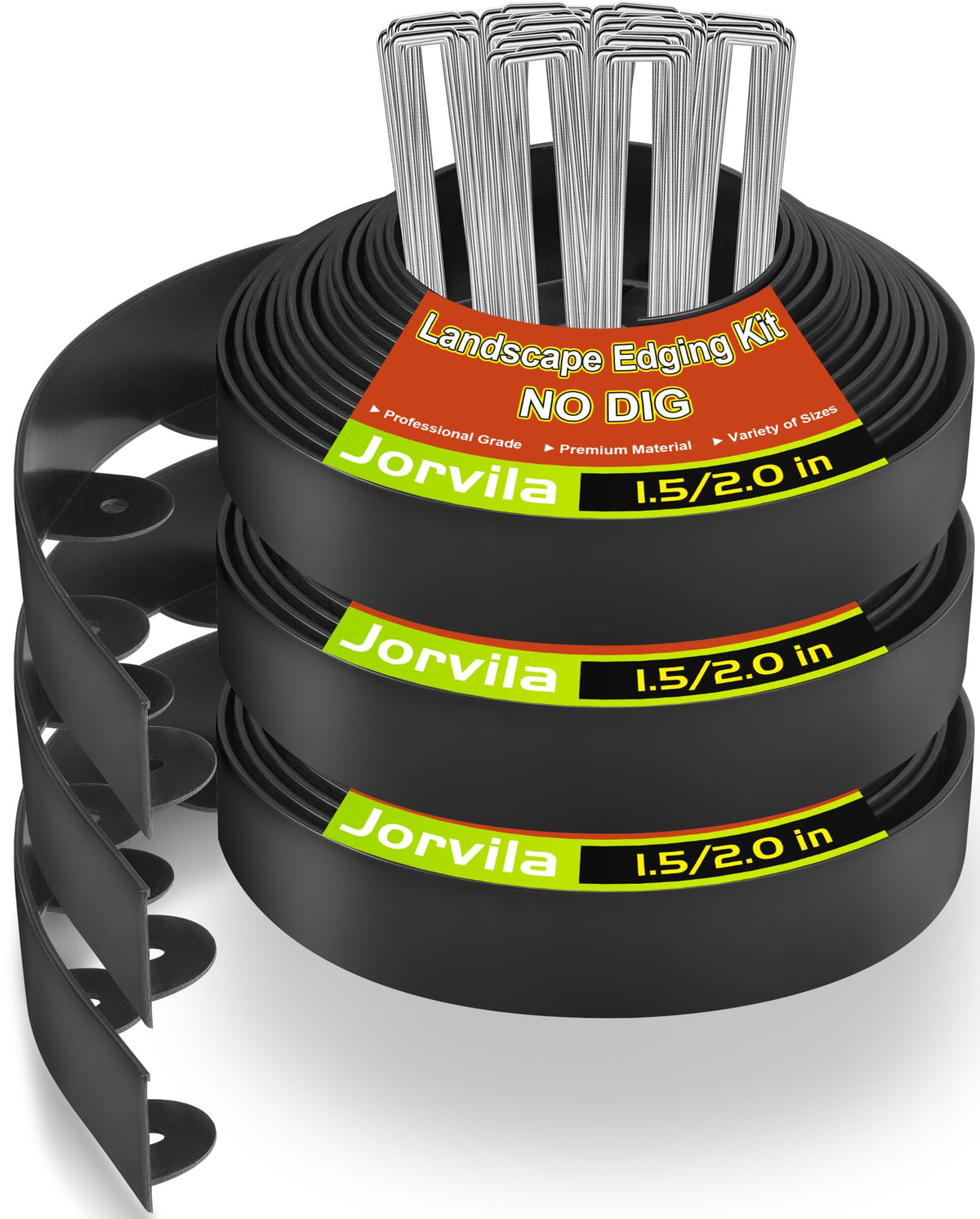 Jorvila front packaging showing three rolls and included spikes for quick setup