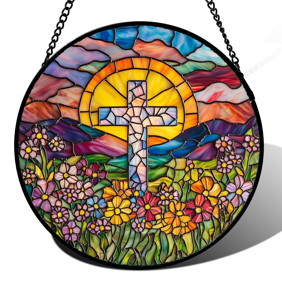 JOSUMALY front view of stained glass suncatcher showing full design and vibrant colors