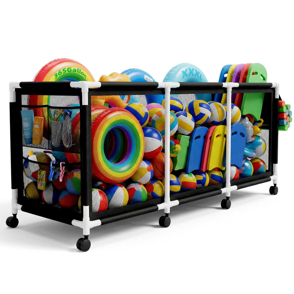Jotesnew front view of XXL pool bin showing large capacity and organized benefit