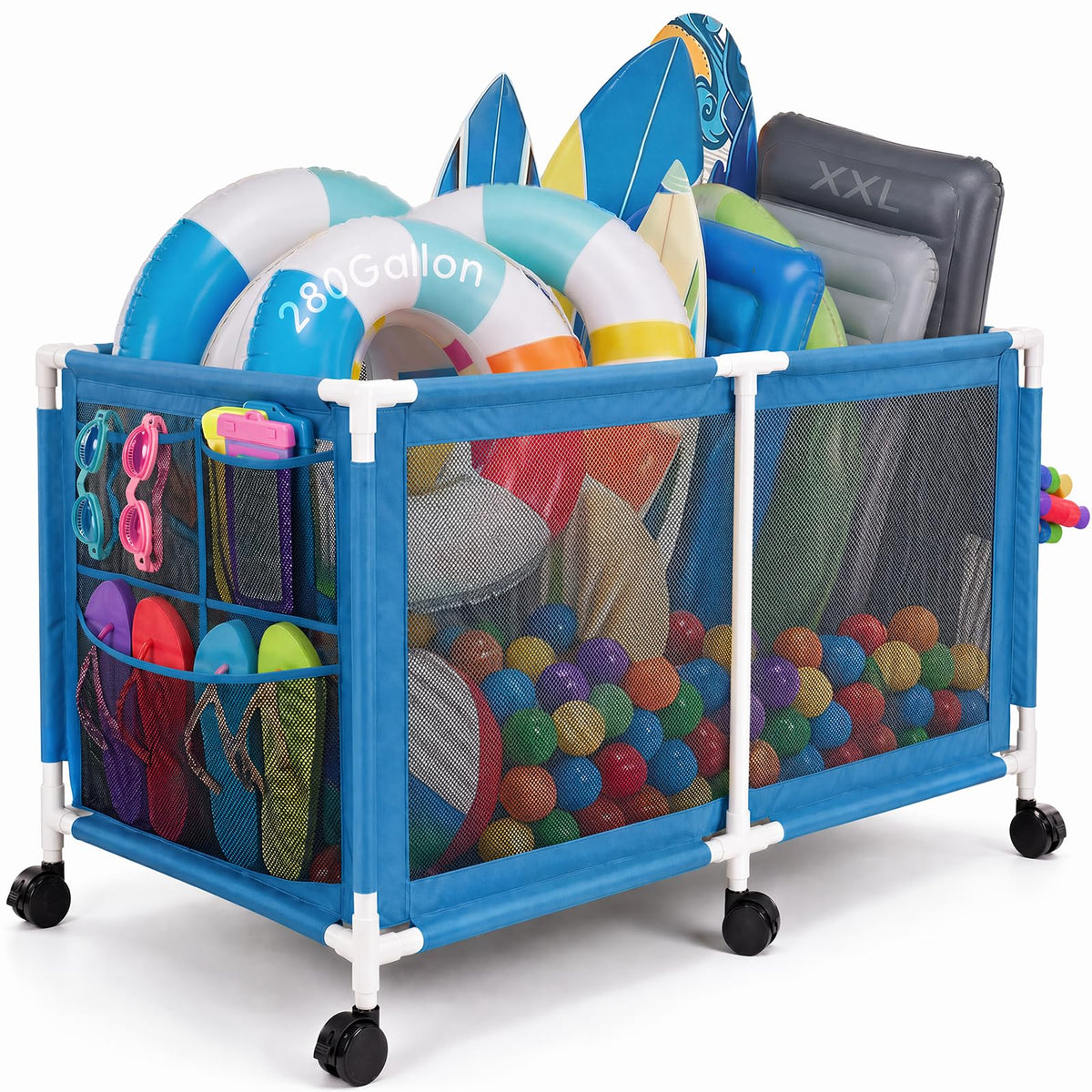 Jotesnew front view of XXL pool storage bin showing capacity and shape