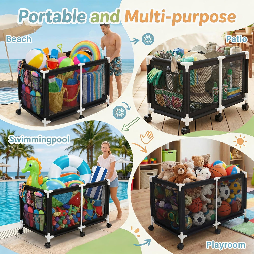 Jotesnew bin in use at poolside holding floats for clutter-free deck benefit