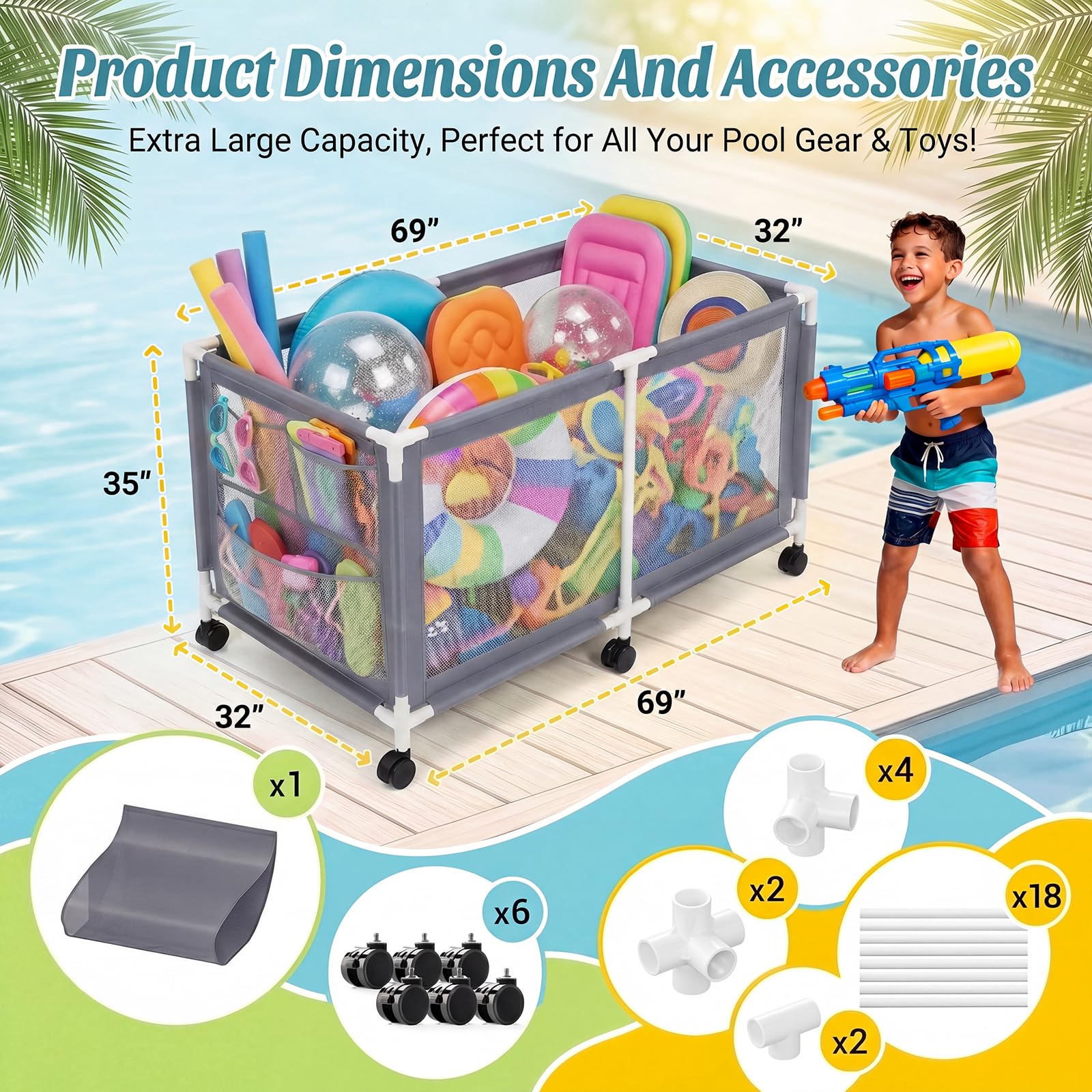 Jotesnew close-up of side pockets holding sunscreen and goggles for convenience