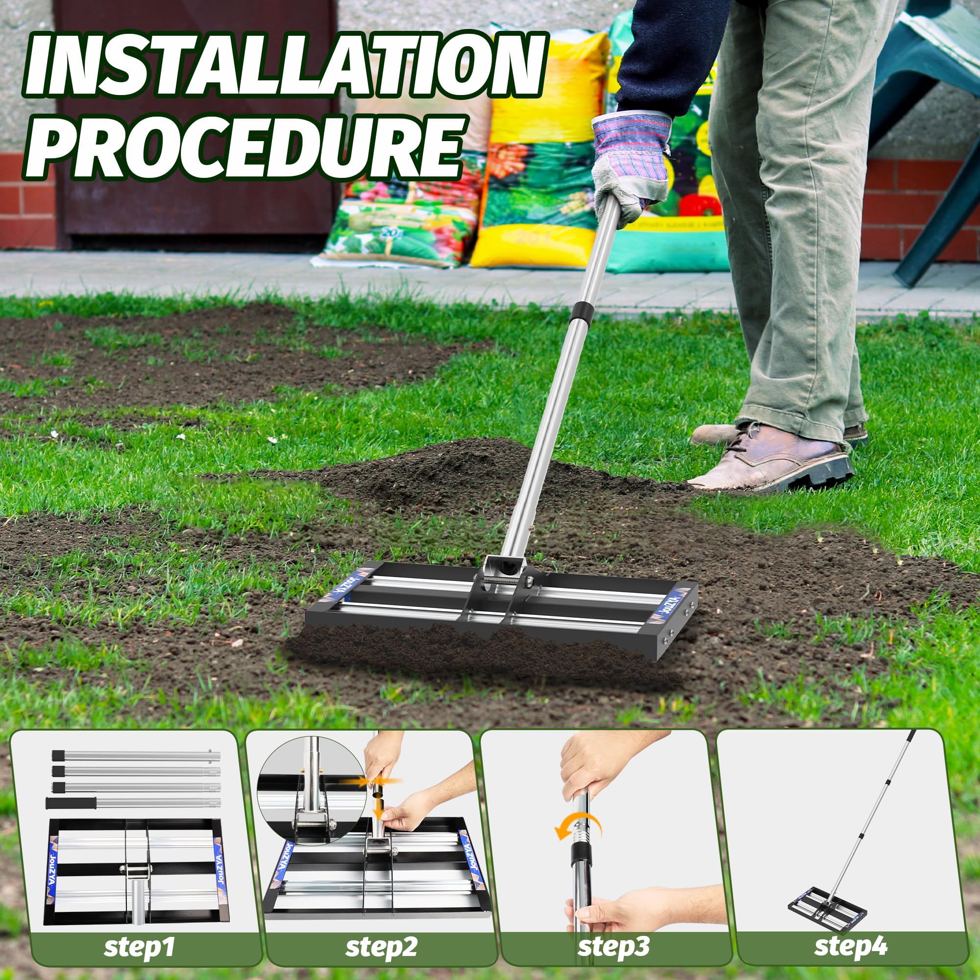 JouZYA assembled rake with handle for scale showing adjustable reach benefit