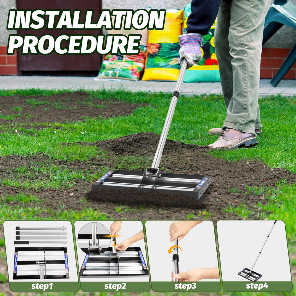 JouZYA assembled rake with handle for scale showing adjustable reach benefit
