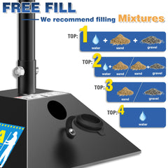 JouZYA close-up of the fillable steel base showing fill port and weight customization benefit
