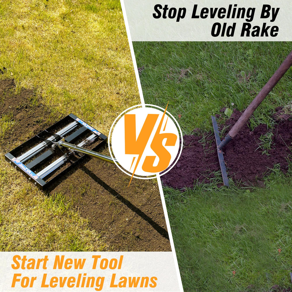 JouZYA rake in use leveling garden soil for faster, uniform lawn prep