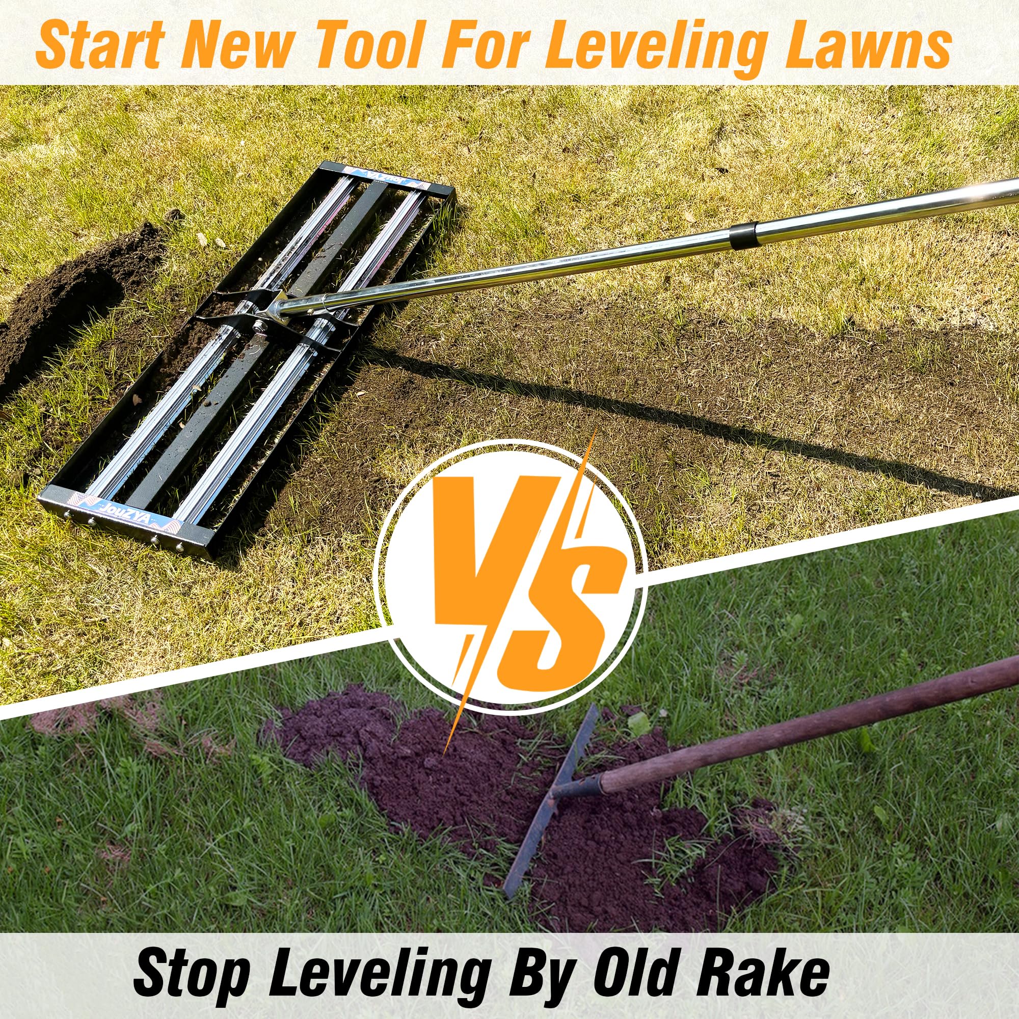 JouZYA rake in use smoothing soil across lawn showing faster coverage benefit