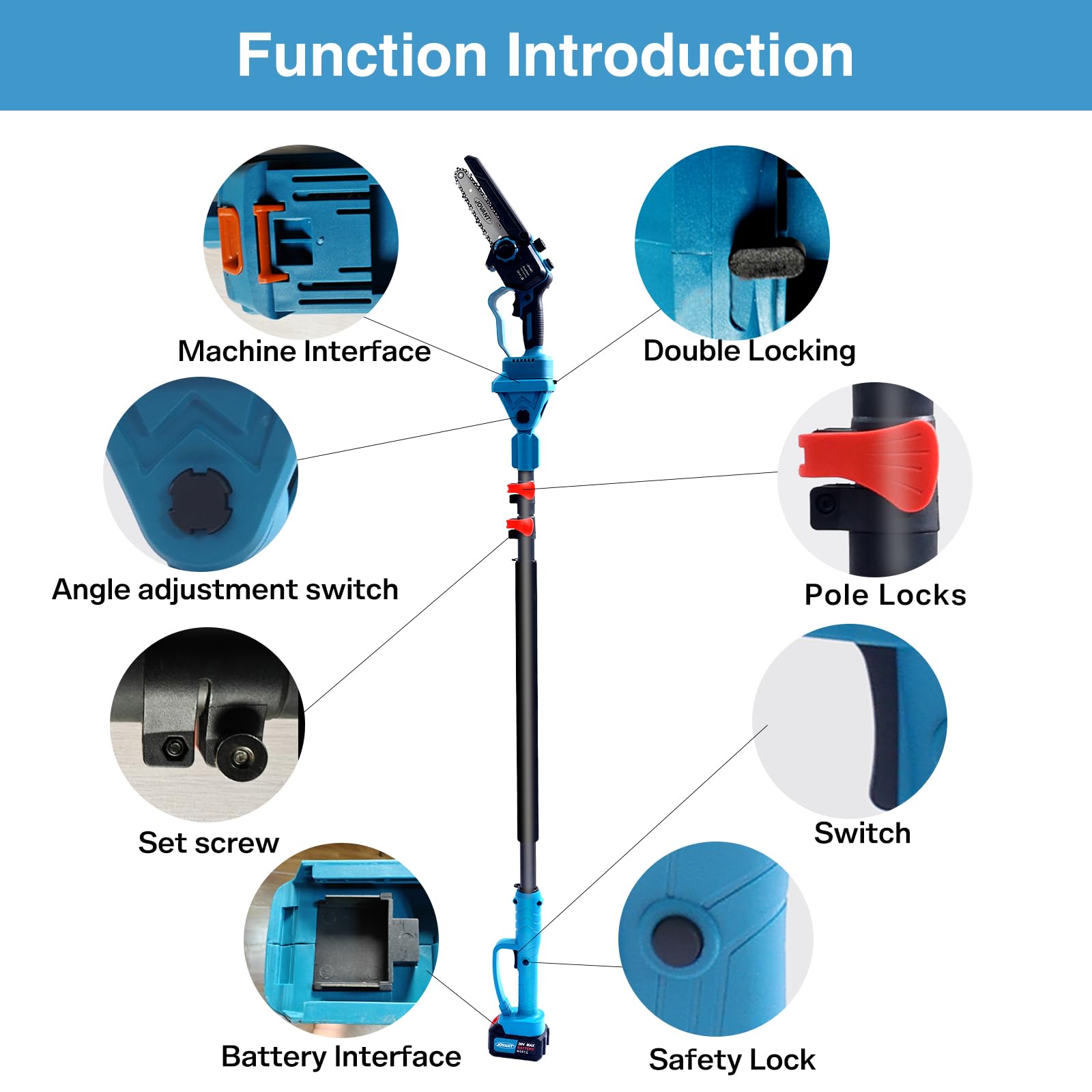 jovant 6-inch chainsaw mounted on pole for efficient limb removal