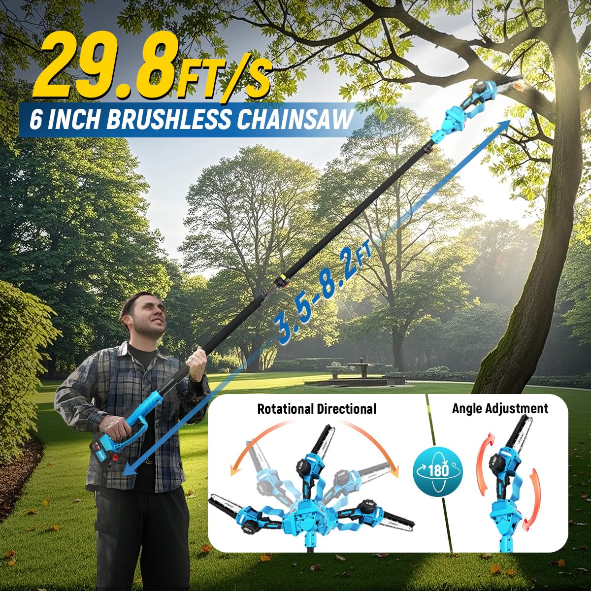 jovant extended pole saw in garden reaching high branch for ladder-free pruning