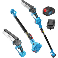 jovant front view showing 2-in-1 pole saw and chainsaw, highlights compact storage