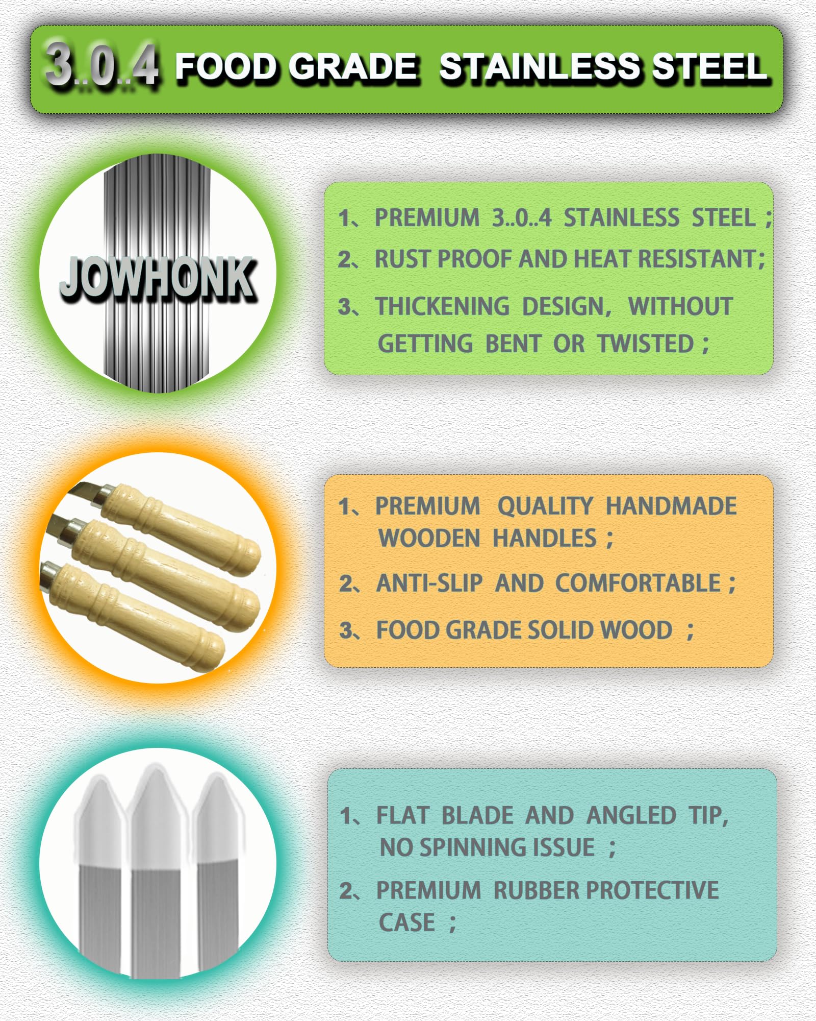 JOWHONK flat blade profile close-up prevents rolling and holds food securely