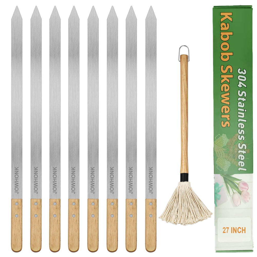 JOWHONK full 8-piece skewer set with wood handles for heavy-duty grilling
