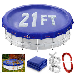 Jowlawn front packaging of 21 ft round winter cover shows kit components and durability benefits