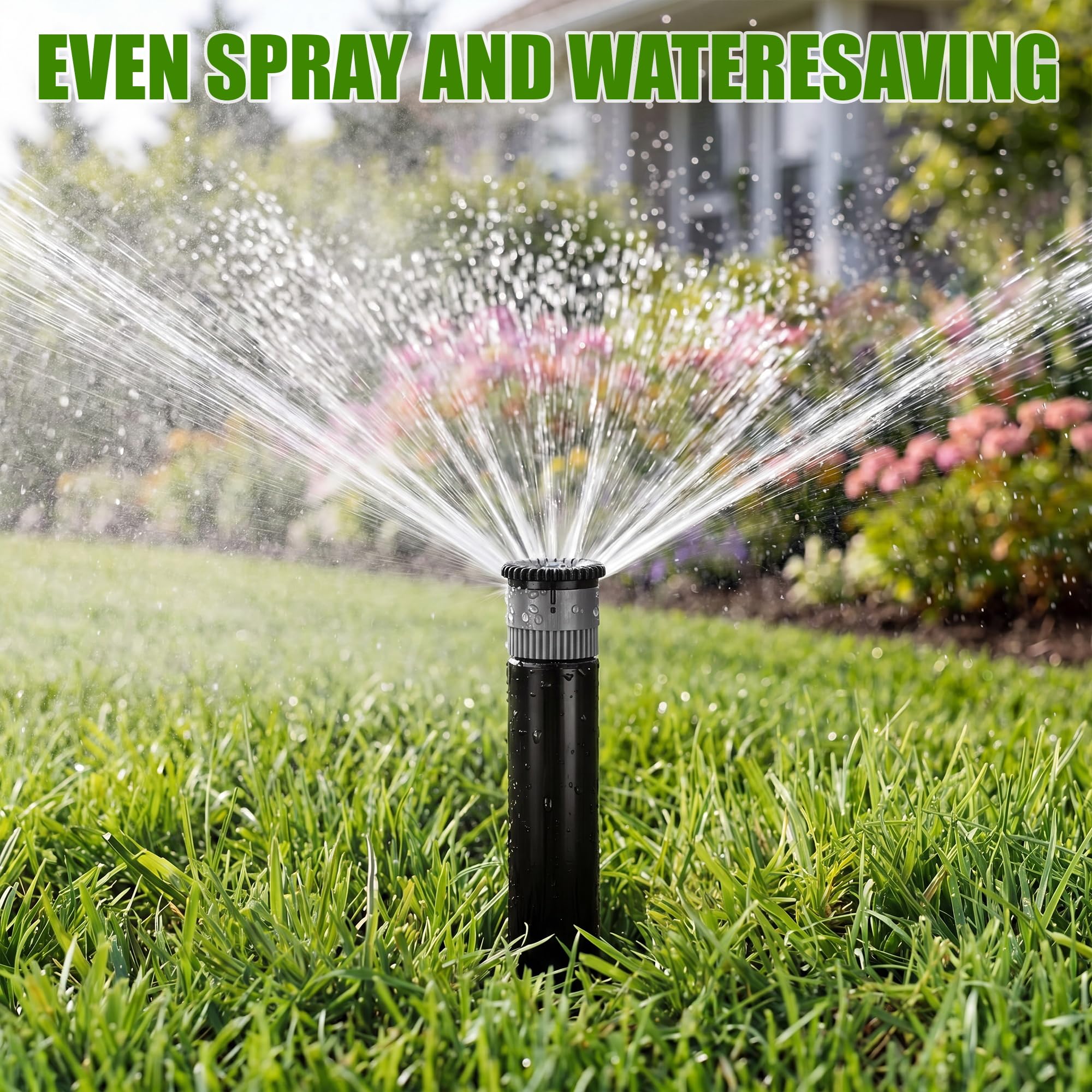 Jowwcen sprinkler in garden setting showing improved coverage and tidy landscape benefit