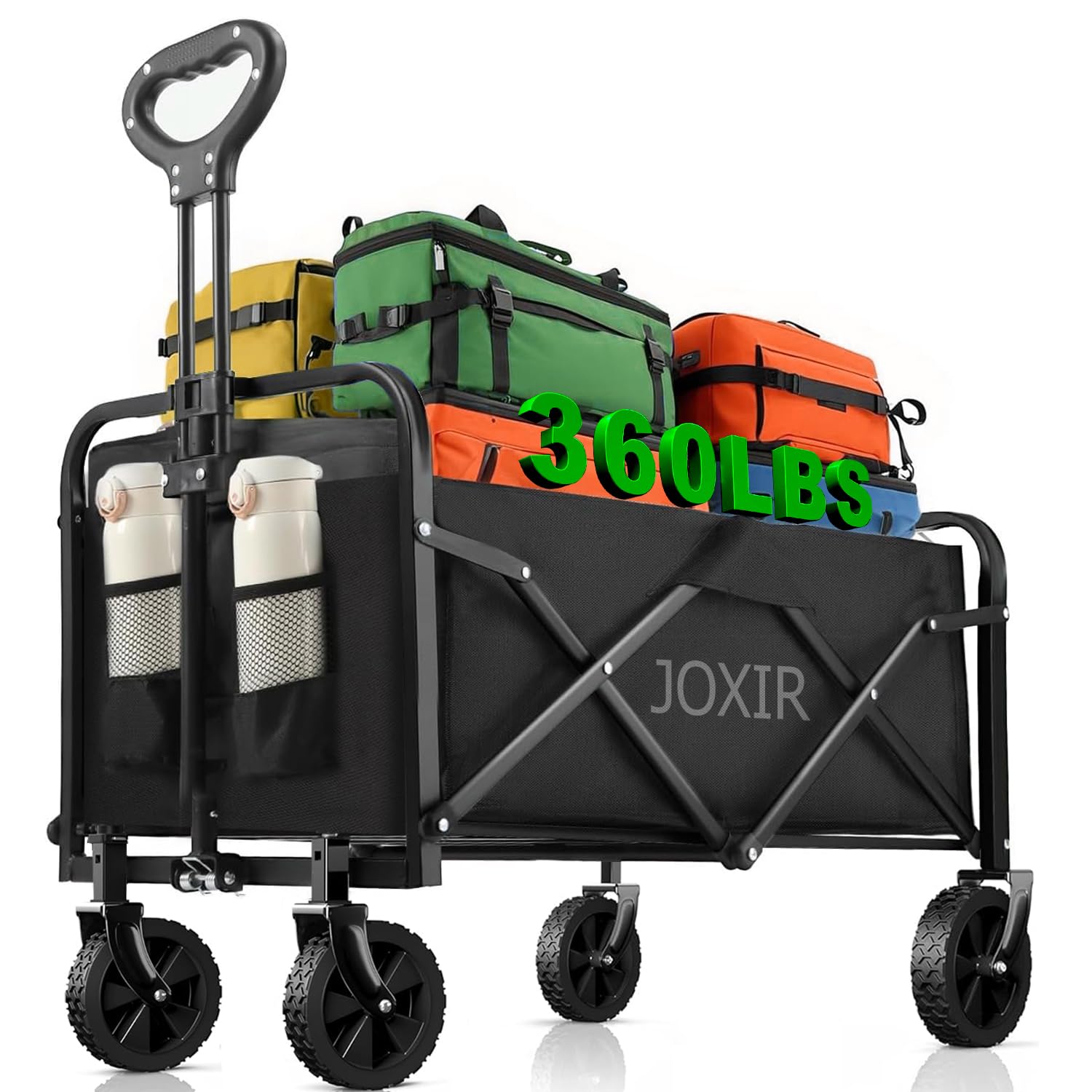 Joxir wagon front view showing roomy 120L cargo and sturdy frame benefit