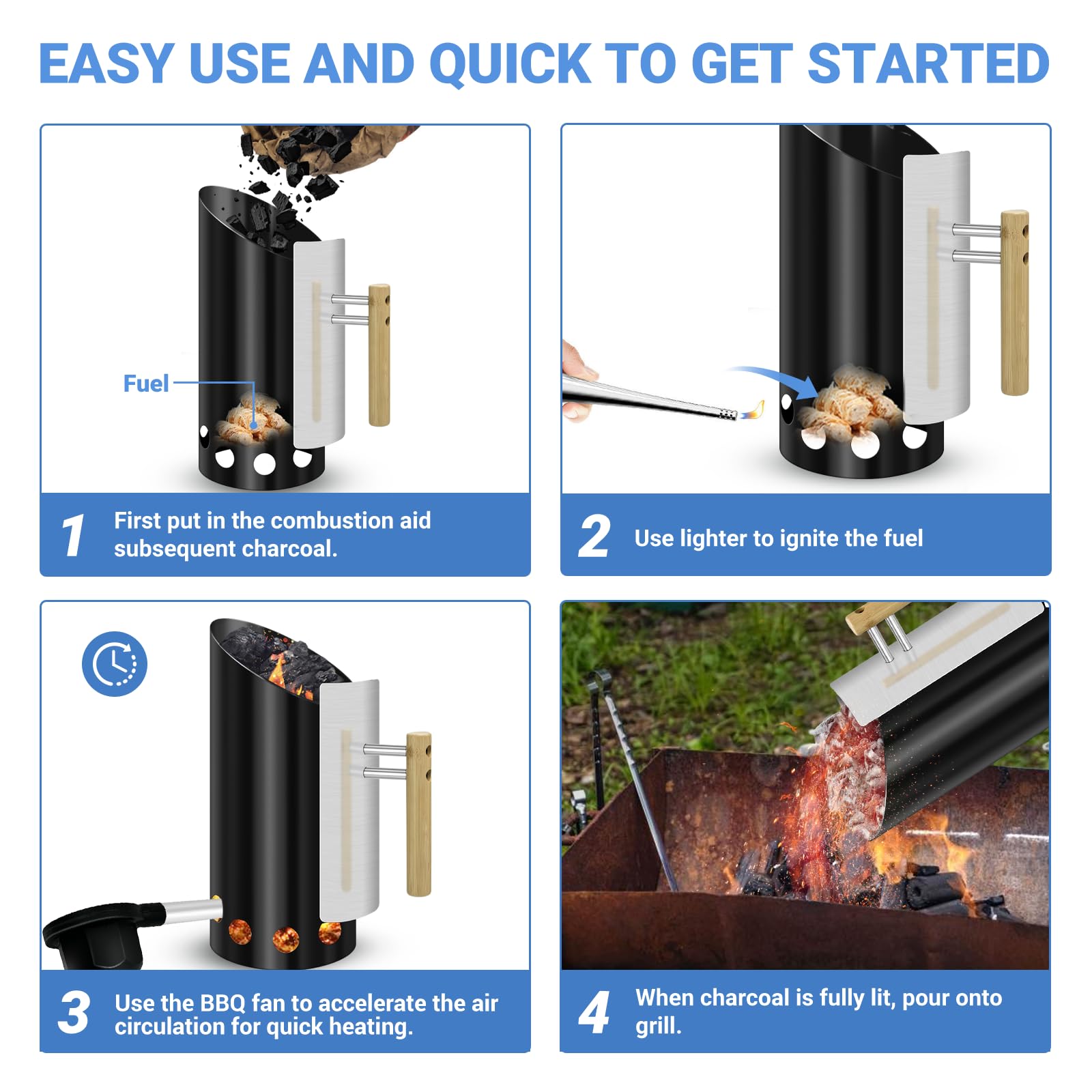 Joyagrill shovel-style outlet dumping charcoal precisely for controlled grill placement