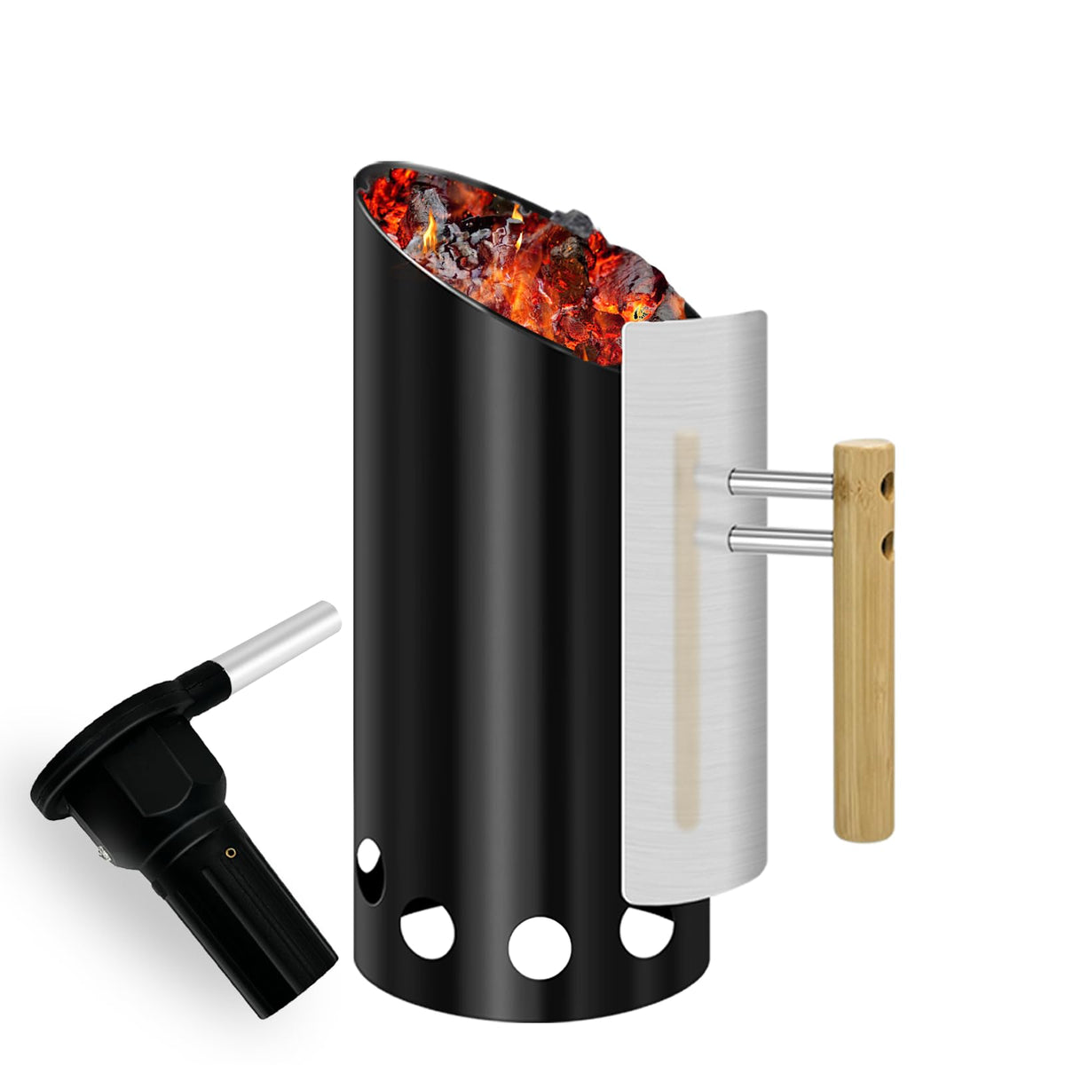 Joyagrill front packaging showing chimney starter and fan for fast ignition