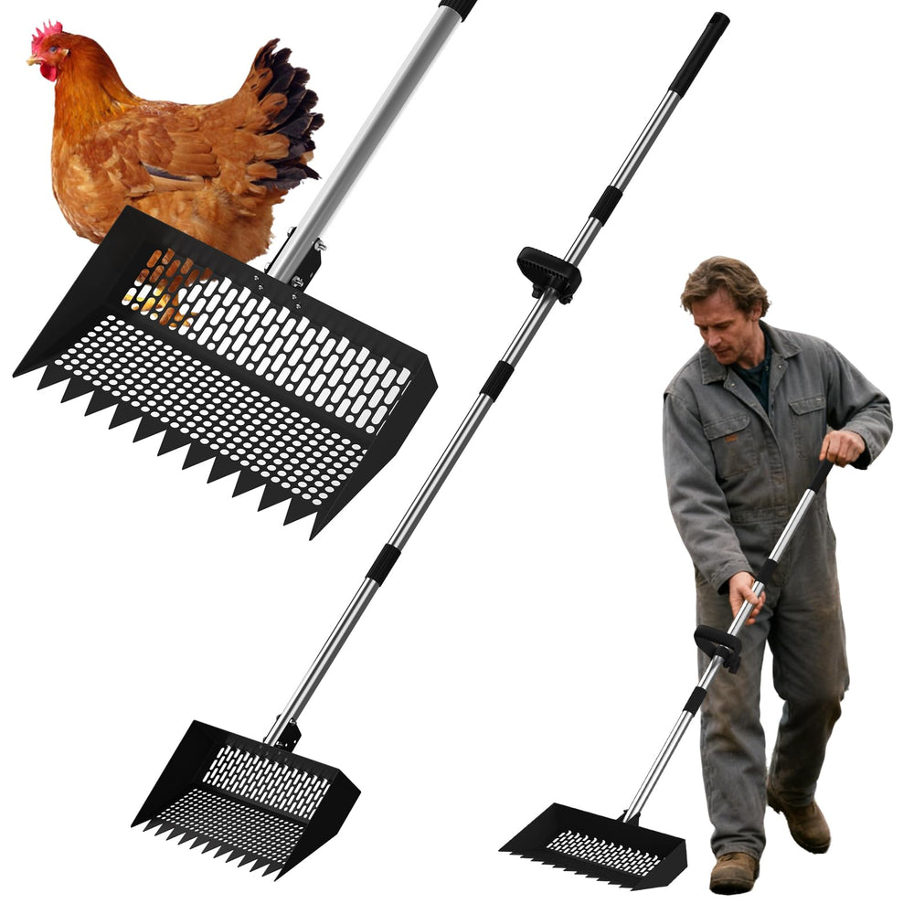 JoyCub front view head showing rake and sifter, speeds coop cleanup