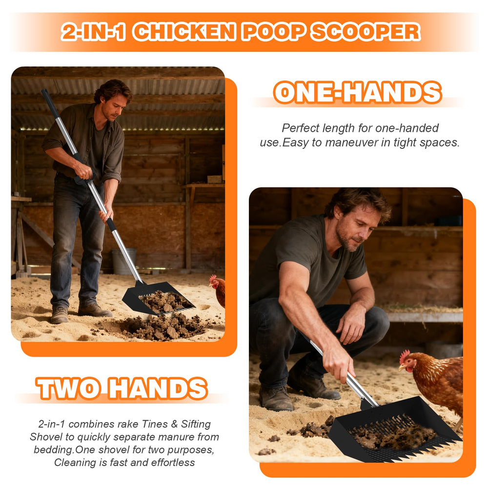 JoyCub sifting manure in a chicken coop, fast efficient cleanup