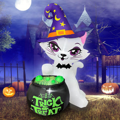 JOYEASE front view of inflatable cat and cauldron brightens porch