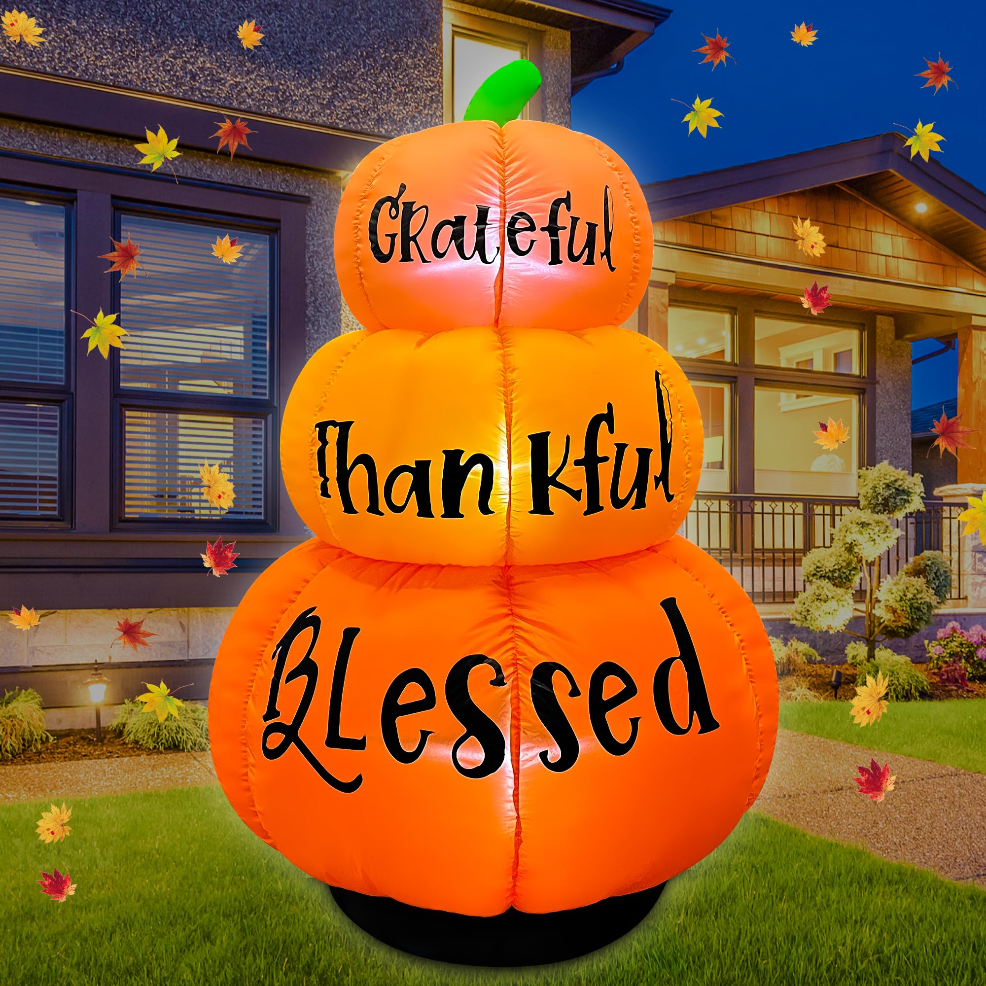 JOYEASE stacked pumpkins front view showing festive curb appeal and easy setup