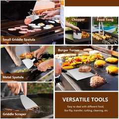 Joyfair detail of cast-iron smash press delivering even weight and consistent searing