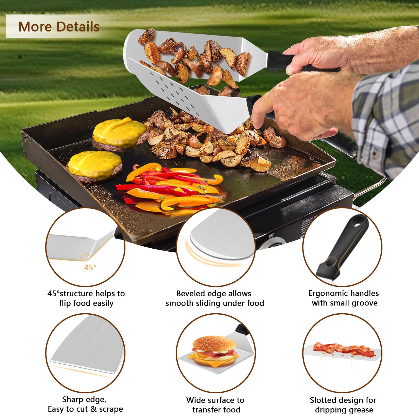 Joyfair close-up of heavy-gauge stainless steel spatulas showing durability and sturdy edges