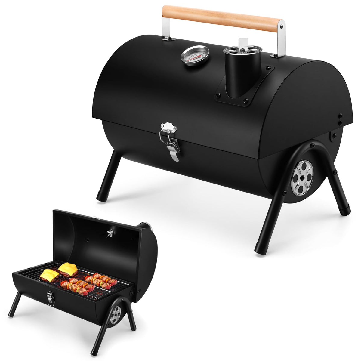 Joyfair portable charcoal grill front view showing compact design and portability benefit