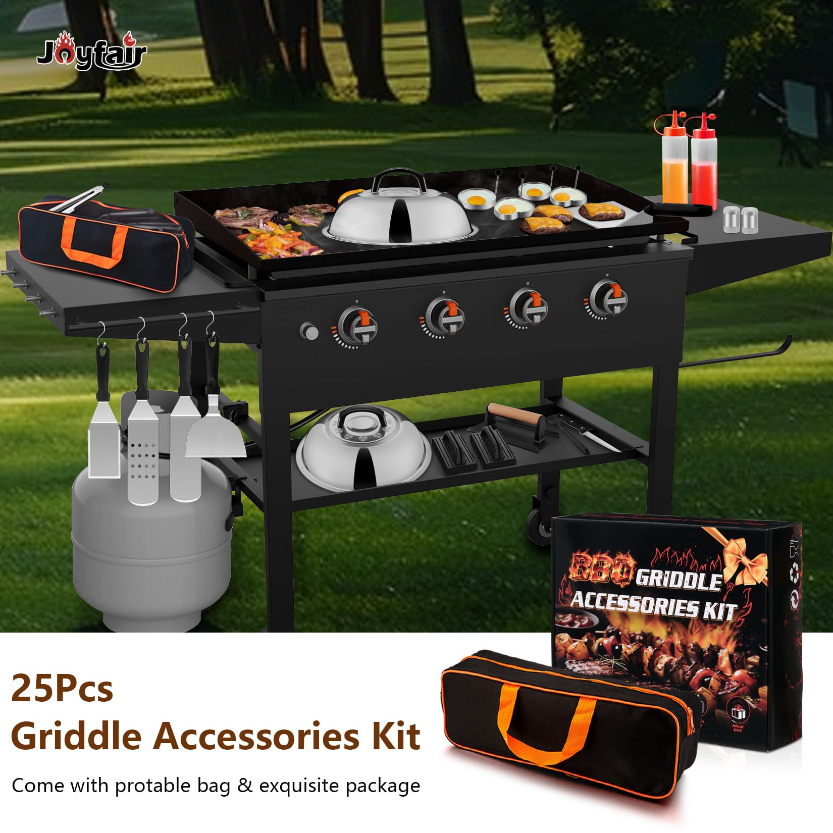 Joyfair lifestyle backyard griddle setup showcasing the kit used for burgers and vegetables