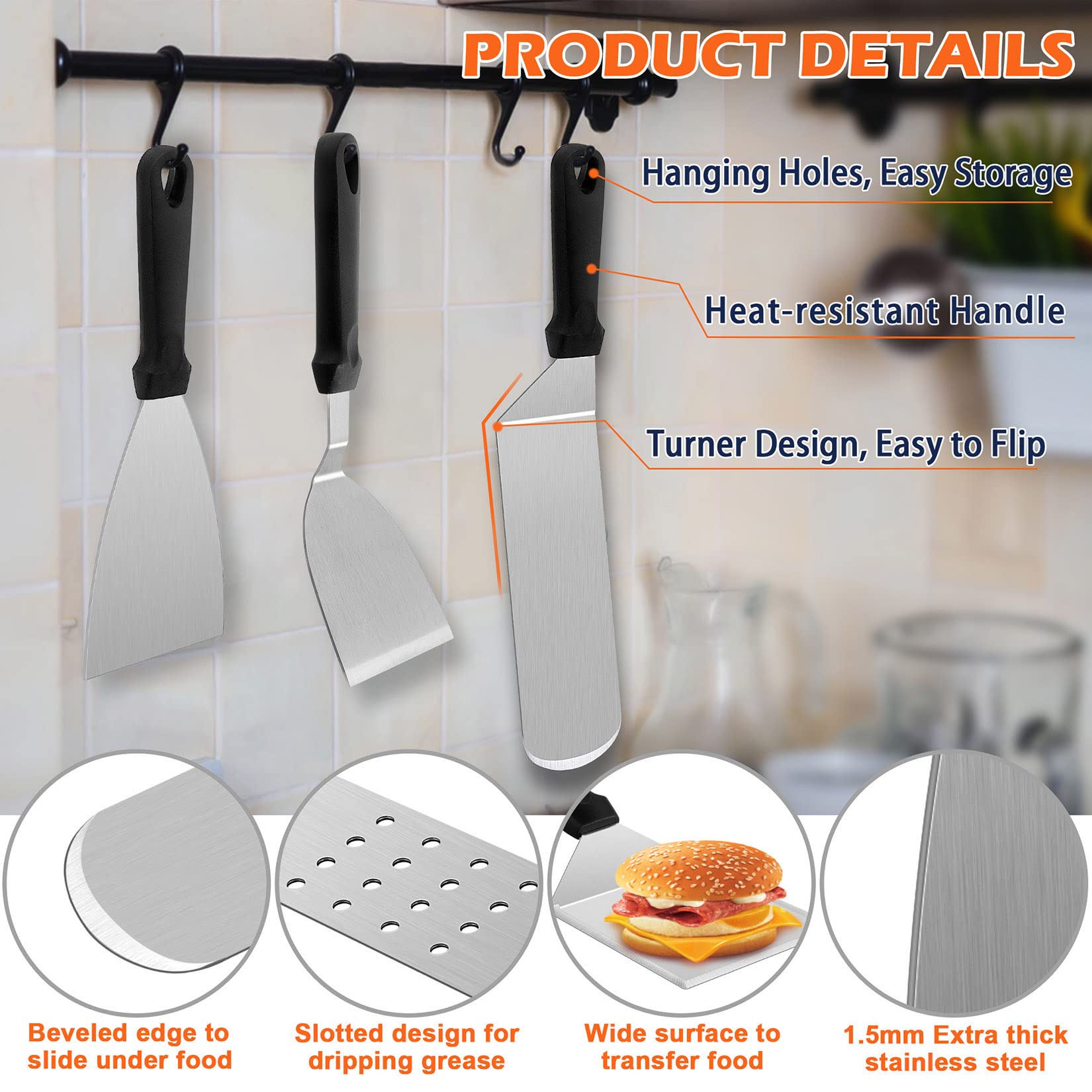 Joyfair close-up of long griddle spatula blade and handle offering solid flipping control