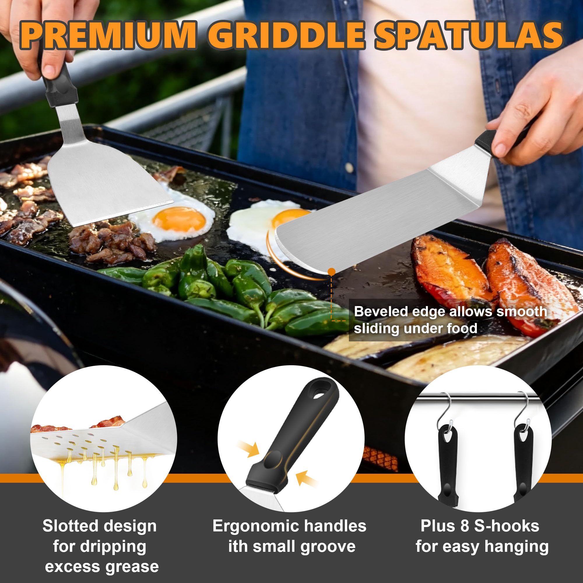 Joyfair long griddle spatula close-up with beveled edge for easy flipping