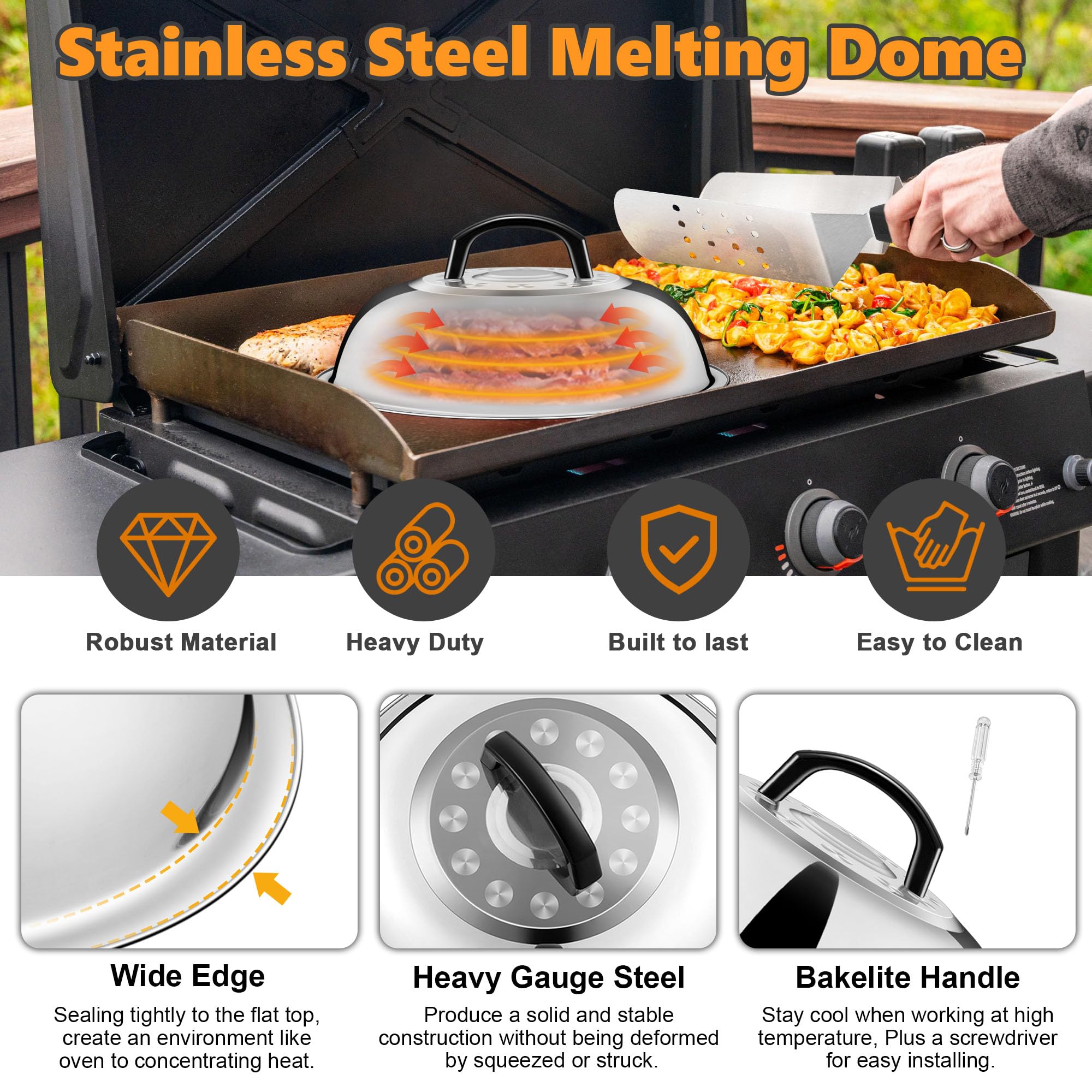 Joyfair melting dome on griddle trapping heat to melt cheese quickly