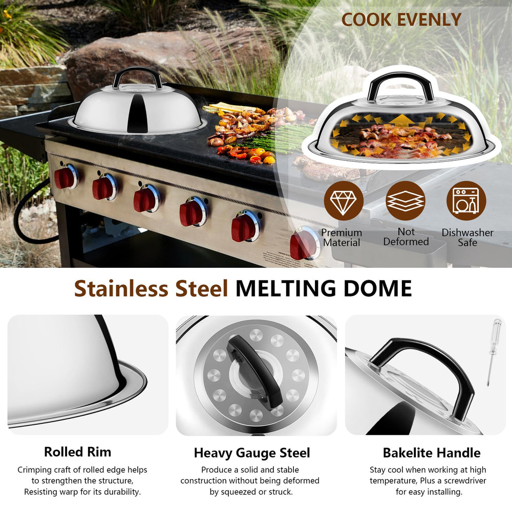 Joyfair melting dome on griddle containing splatter and speeding melt for efficient cooking
