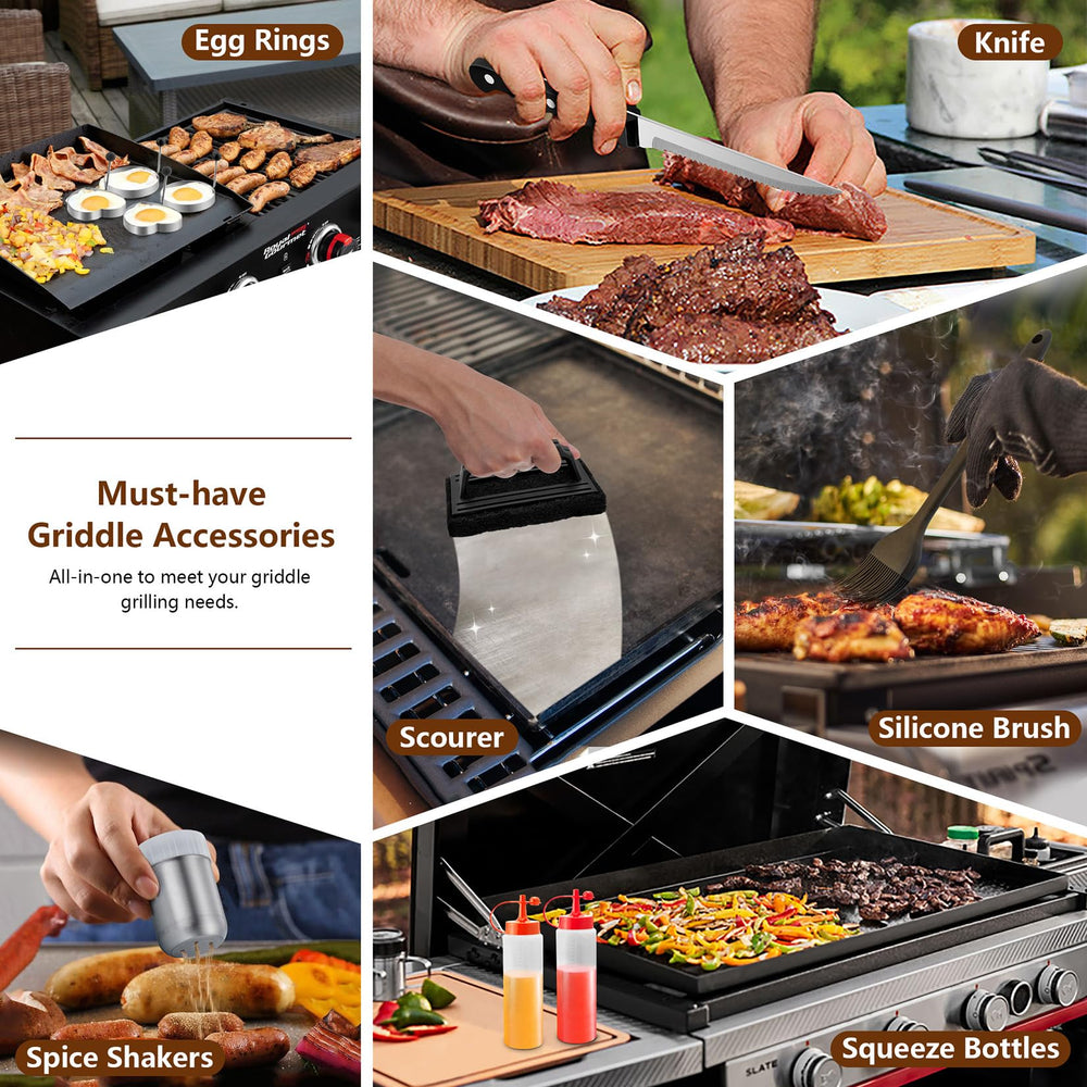 Joyfair scraper and chopper cleaning griddle surface for fast cleanup and precise cutting