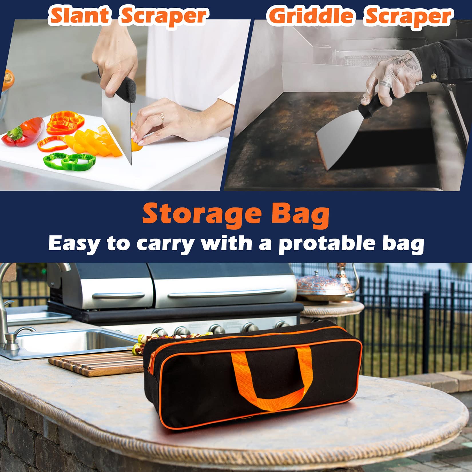 Joyfair scraper and scourer removing stuck-on residue for faster griddle cleanup