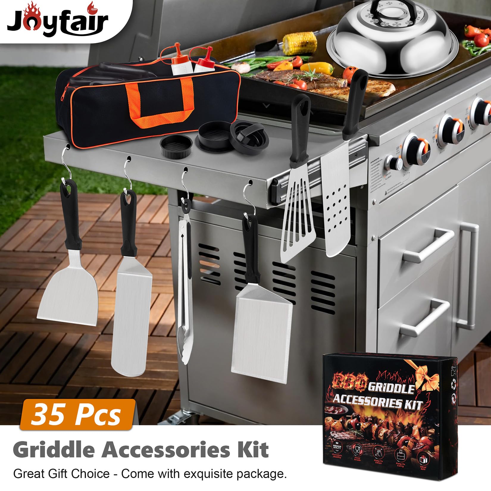 Joyfair tongs and grill fork in use offering secure food control