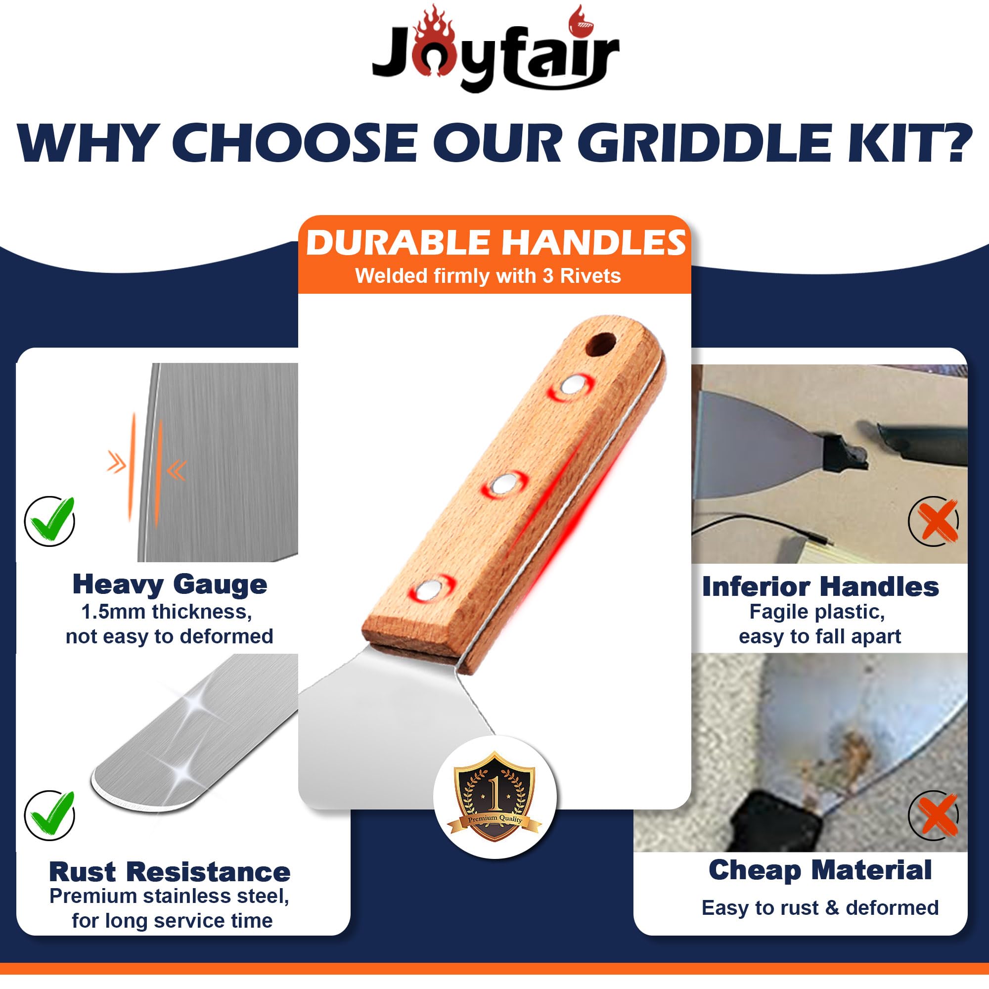 Joyfair wooden-handle spatula close-up showing riveted grip and safe handling