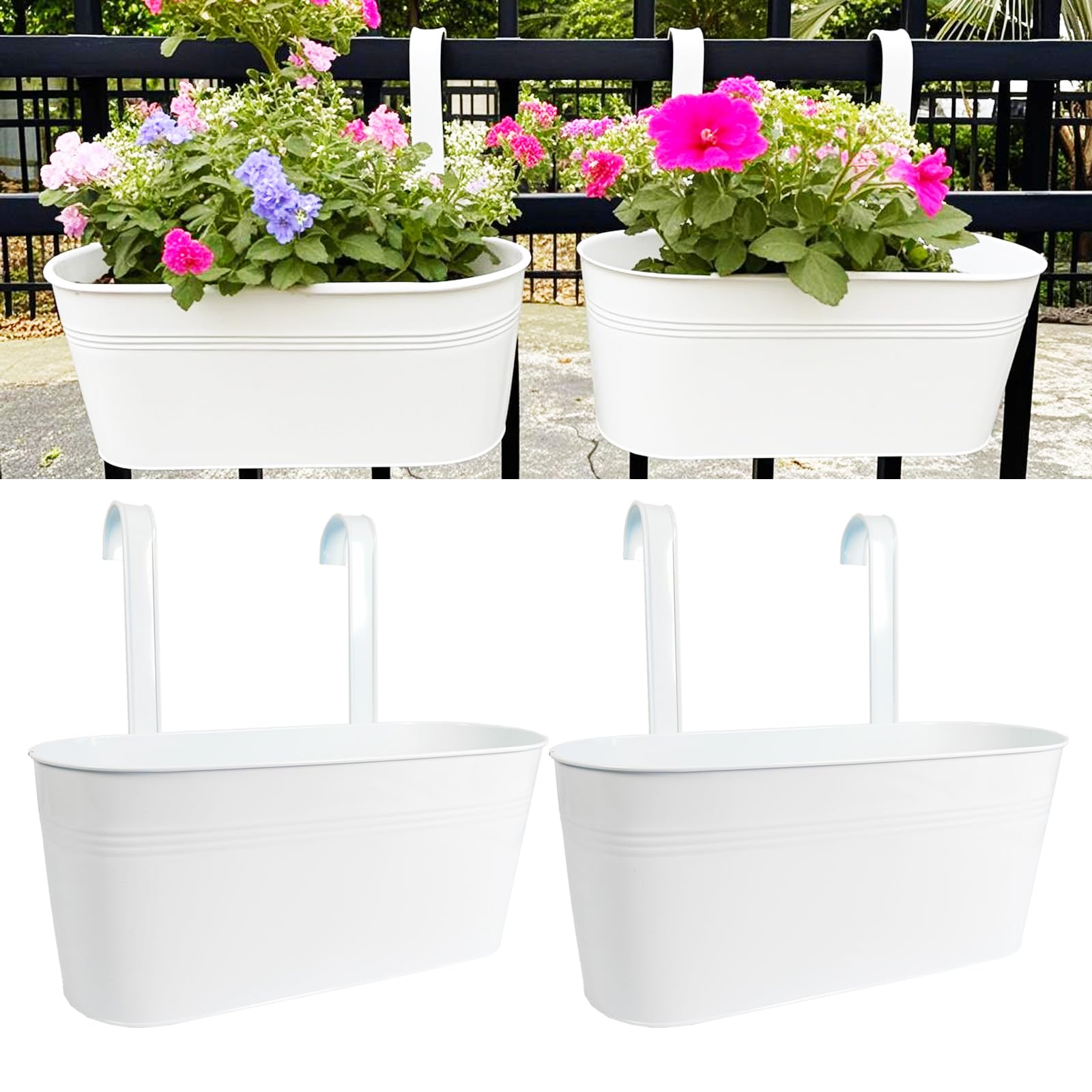 Joyfernal front view of two white oval railing planters, neat curb appeal