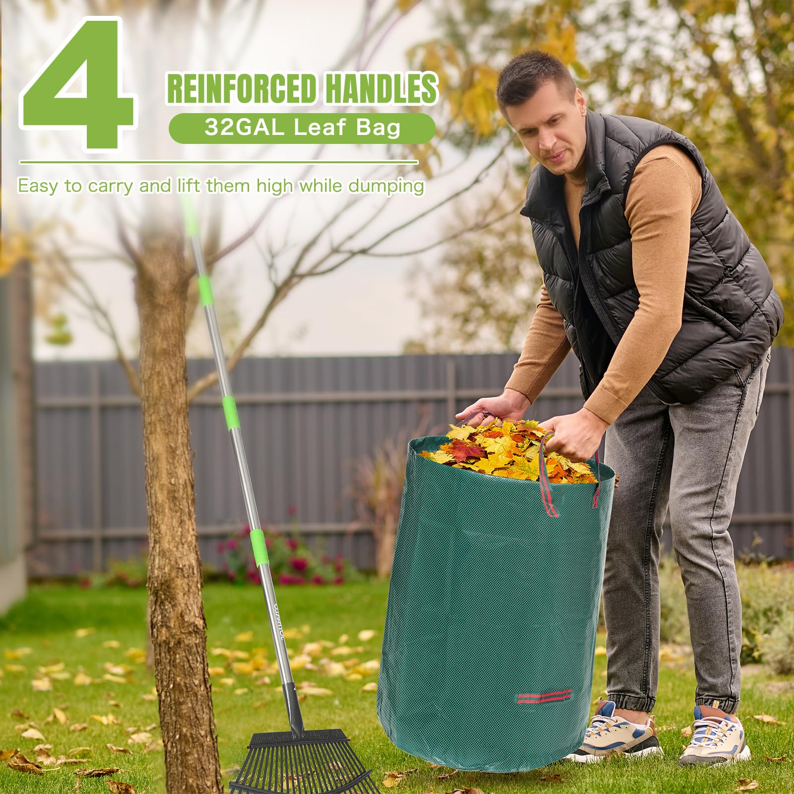 joyhalo 32-gallon woven bag full of leaves highlighting large capacity and tear resistance