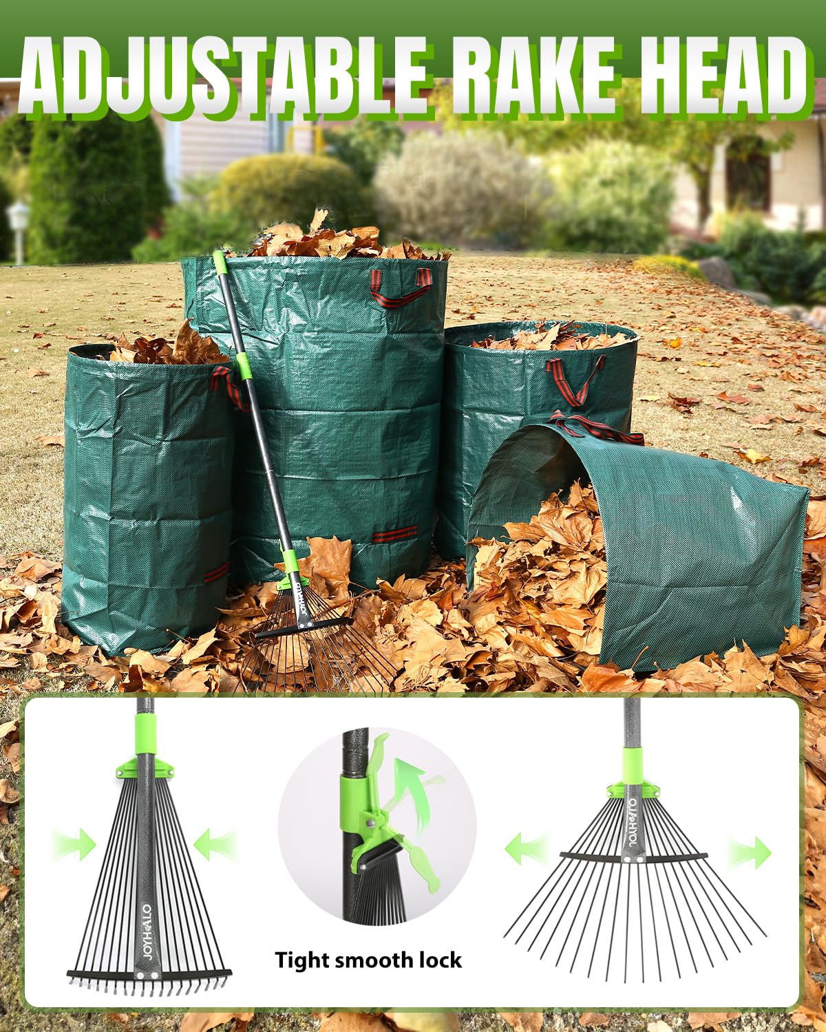 joyhalo close-up of 18-tine metal rake head for thorough leaf gathering