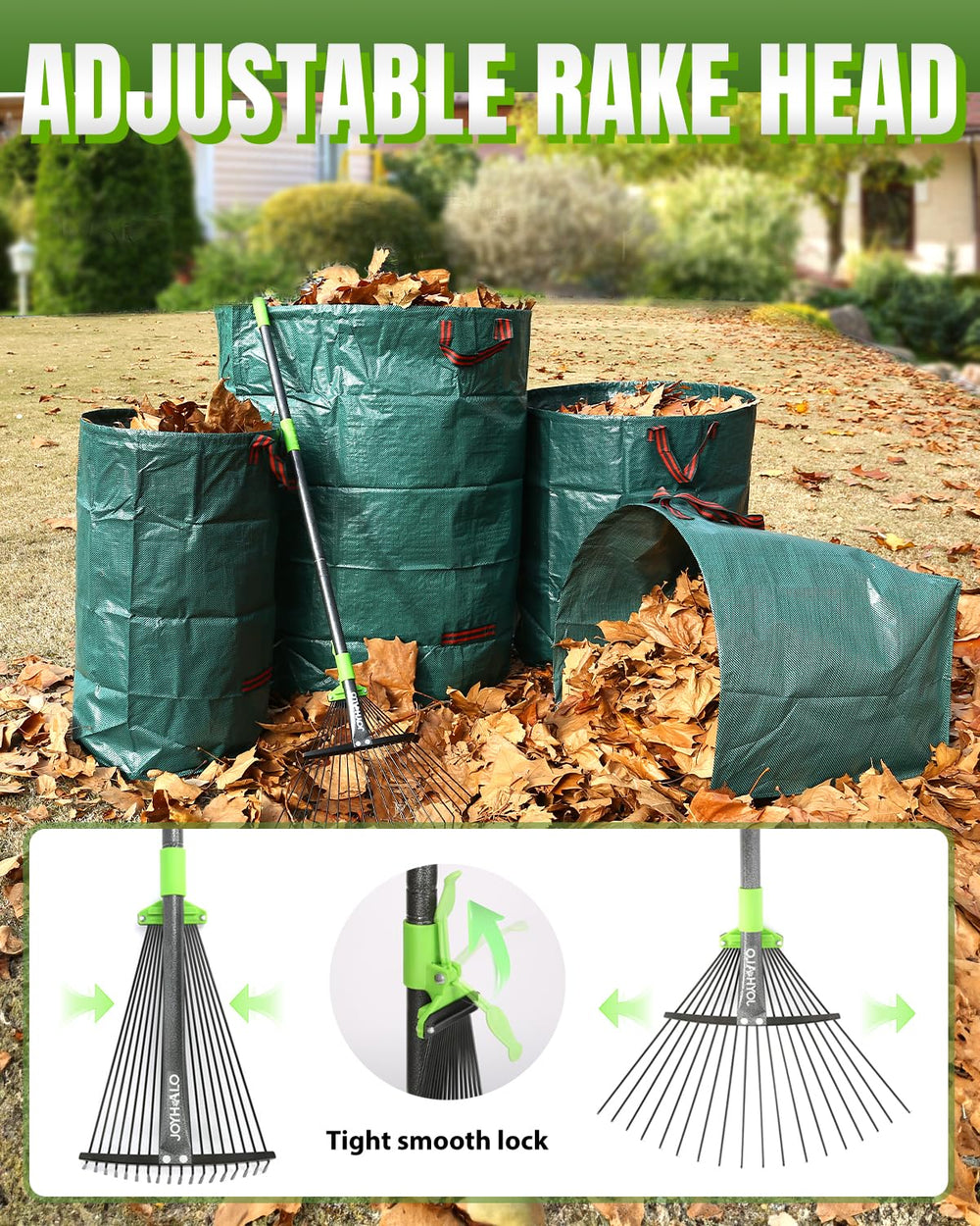 joyhalo close-up of 18-tine metal rake head for thorough leaf gathering