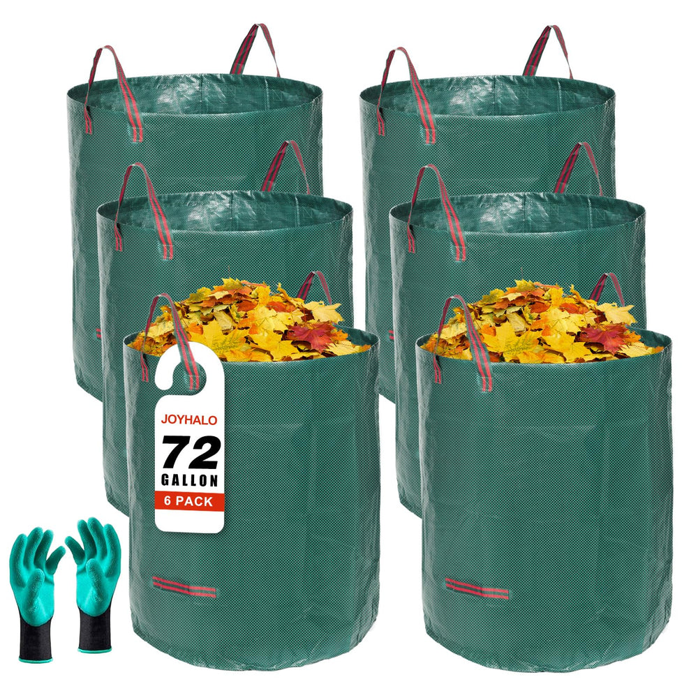 joyhalo six-pack leaf bags front view showing capacity and included gloves for efficient yard work