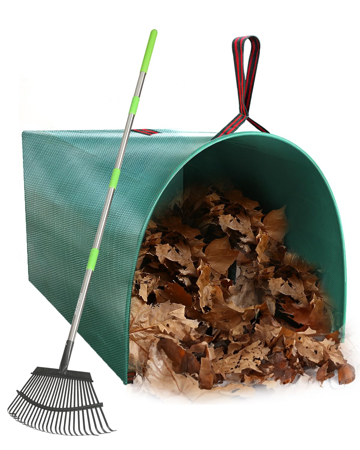 joyhalo front view of rake and bag showing complete set and quick cleanup benefit